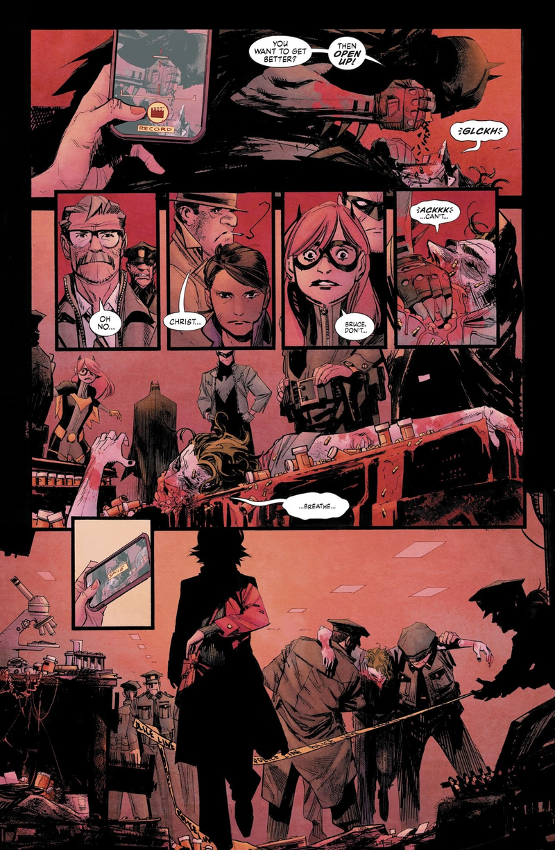 Bystanders witnessing Batman almost murdering the Joker.